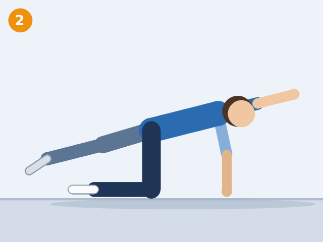 Illustration of a person on hands and knees reaching one arm forward and the opposite leg straight back