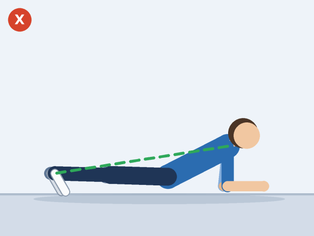 Illustration of a person in a plank with the hips sagging below the straight line from shoulders to heels, marked as a mistake