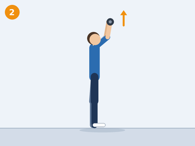 Illustration of a person pressing a weight upward, arm halfway to overhead