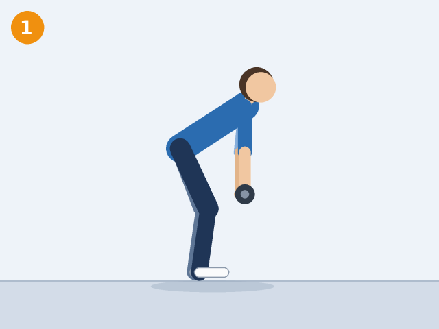 Illustration of a person hinged forward at the hips with a flat back and arms hanging down holding weights