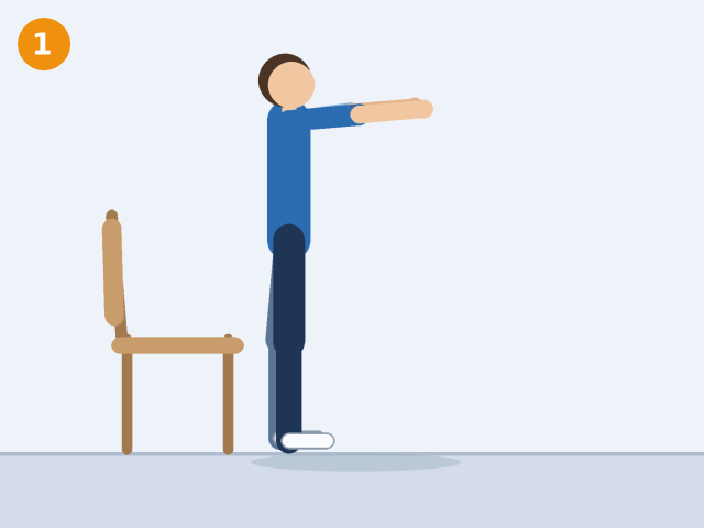 Illustration of a person standing in front of a chair, feet shoulder-width apart and arms reaching forward