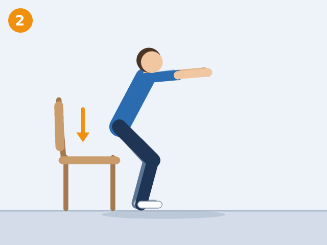 Illustration of a person halfway down in a squat with hips pushed back above a chair and arms forward