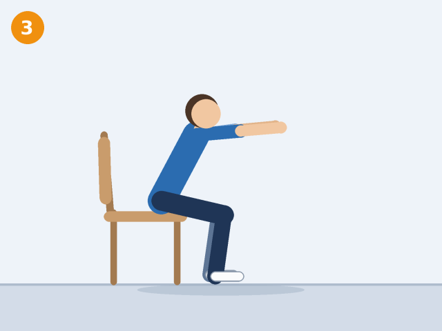 Illustration of a person at the bottom of a sit-to-stand, hips lightly touching the chair seat with arms forward